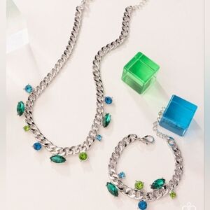 Elegant Silver Necklace and Bracelet Set with Blue and Green Accents